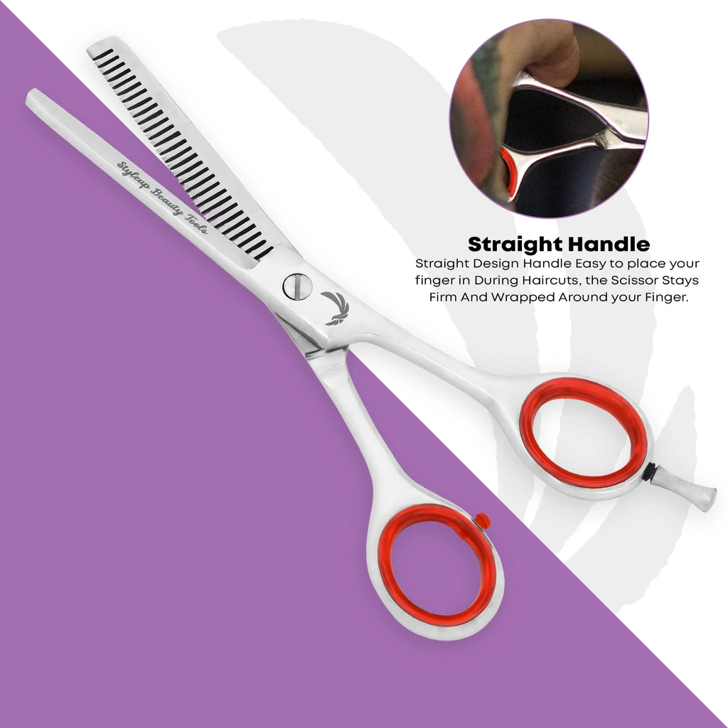 Professional hair thinning scissors with straight ergonomic handle and red finger rings by Styleup Beauty Tools