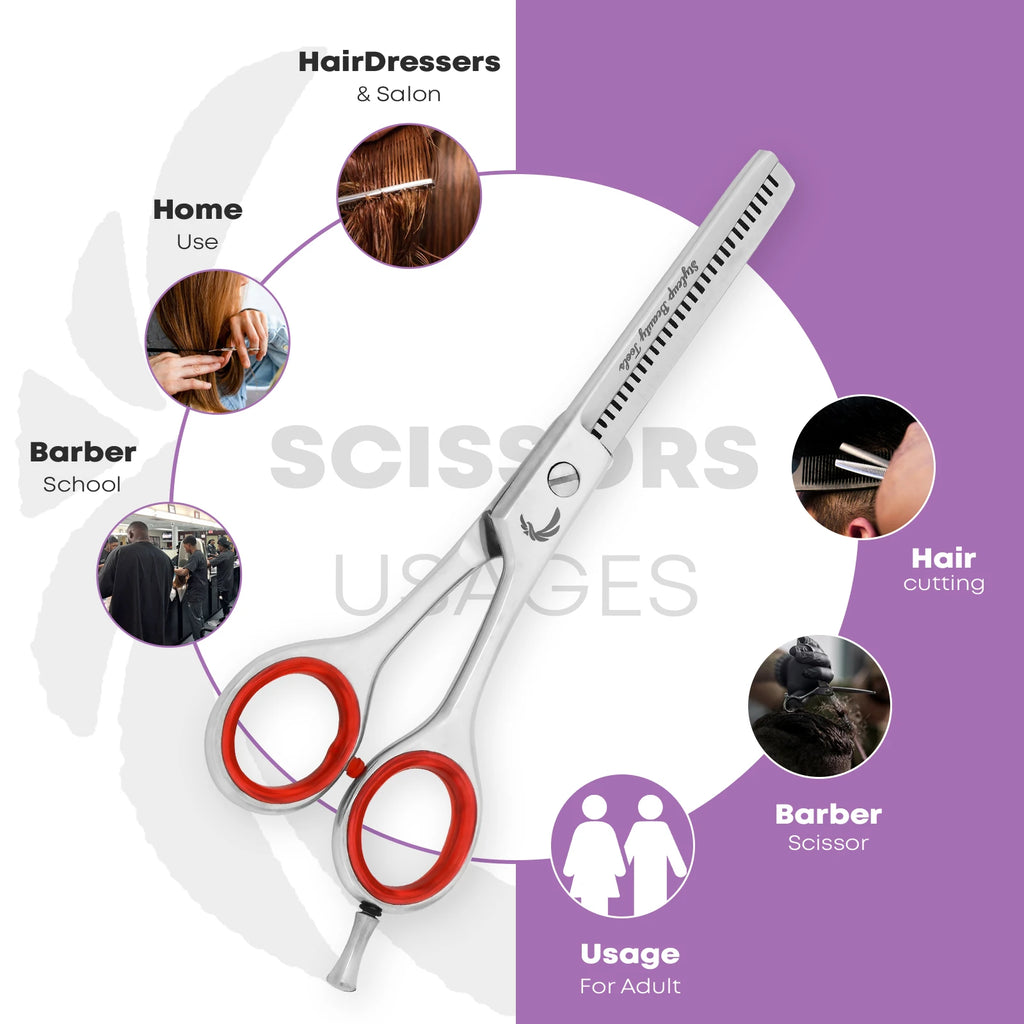 Professional hair thinning scissors showing usage for barbers, salon hairdressers, and home hair cutting by Styleup Beauty Tools