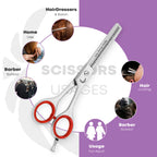 Professional hair thinning scissors showing usage for barbers, salon hairdressers, and home hair cutting by Styleup Beauty Tools