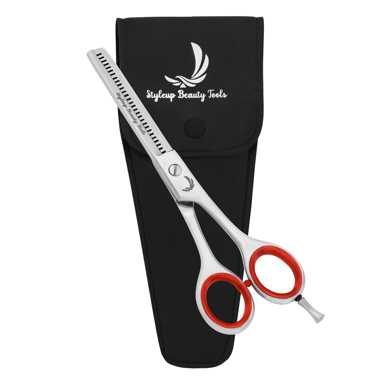Professional stainless steel hair thinning scissors with red handles and protective case by Styleup Beauty Tools