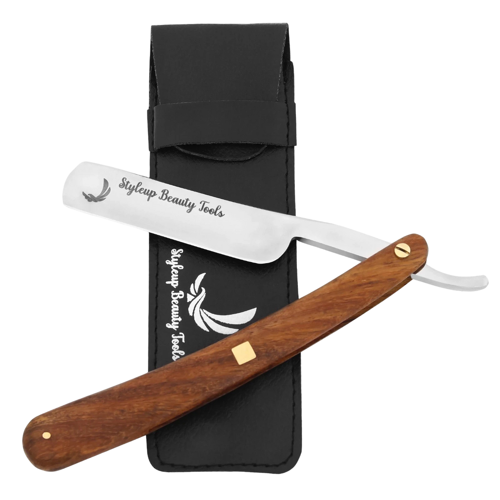 Premium straight razor with wooden handle and stainless steel blade by Styleup Beauty Tools